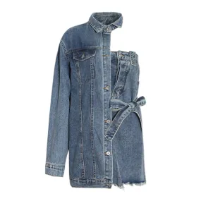 Asymmetrical Patchwork Lace Up Denim Mini Dress For Women Lapel One Shoulder Sleeve Design Casual A Line Dresses Female New