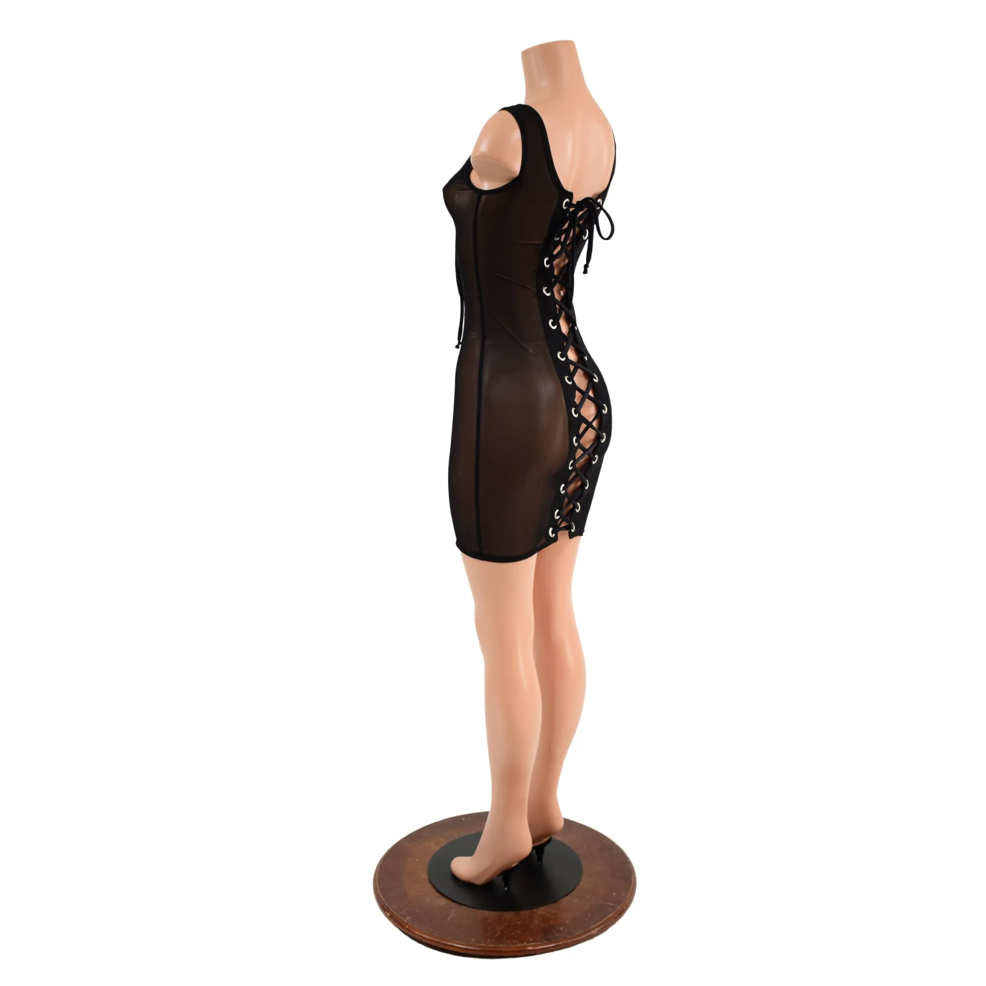 Black Mesh Tank Dress with Double Laceup