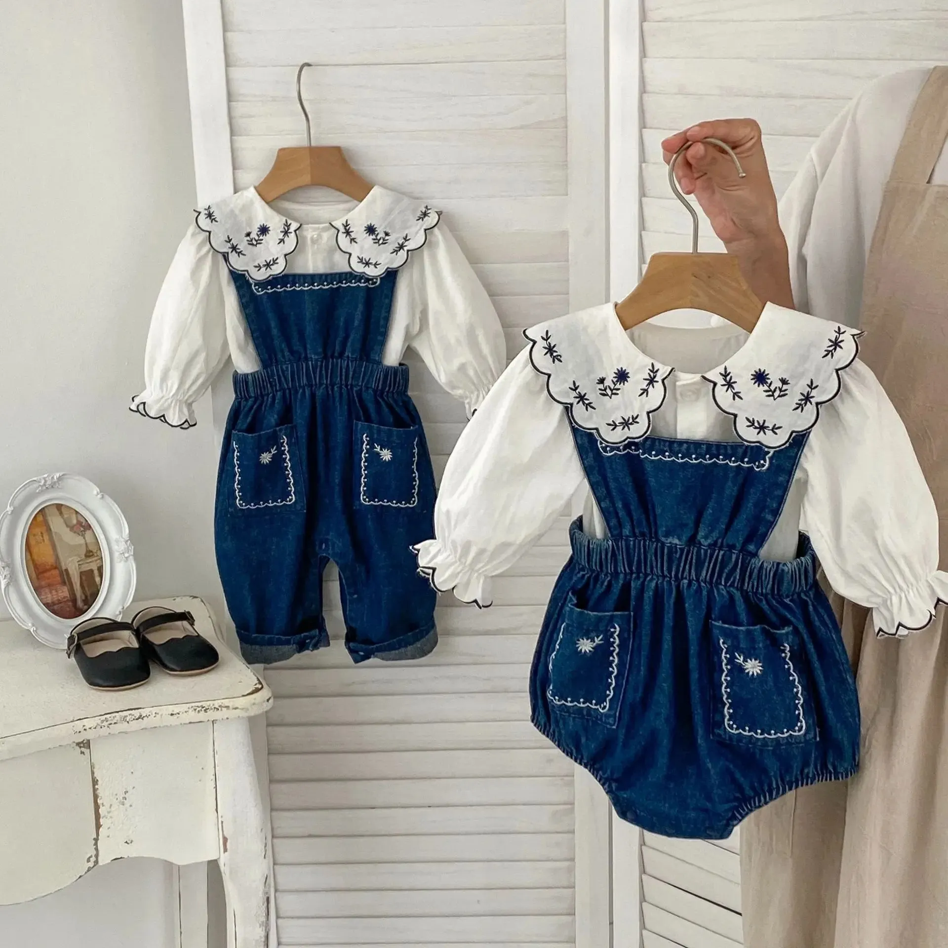 Blue Denim Romper & Overalls Set with White Blouse