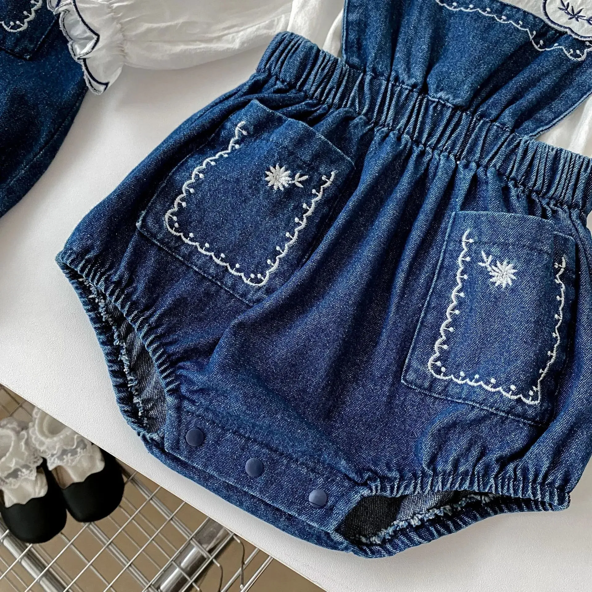 Blue Denim Romper & Overalls Set with White Blouse