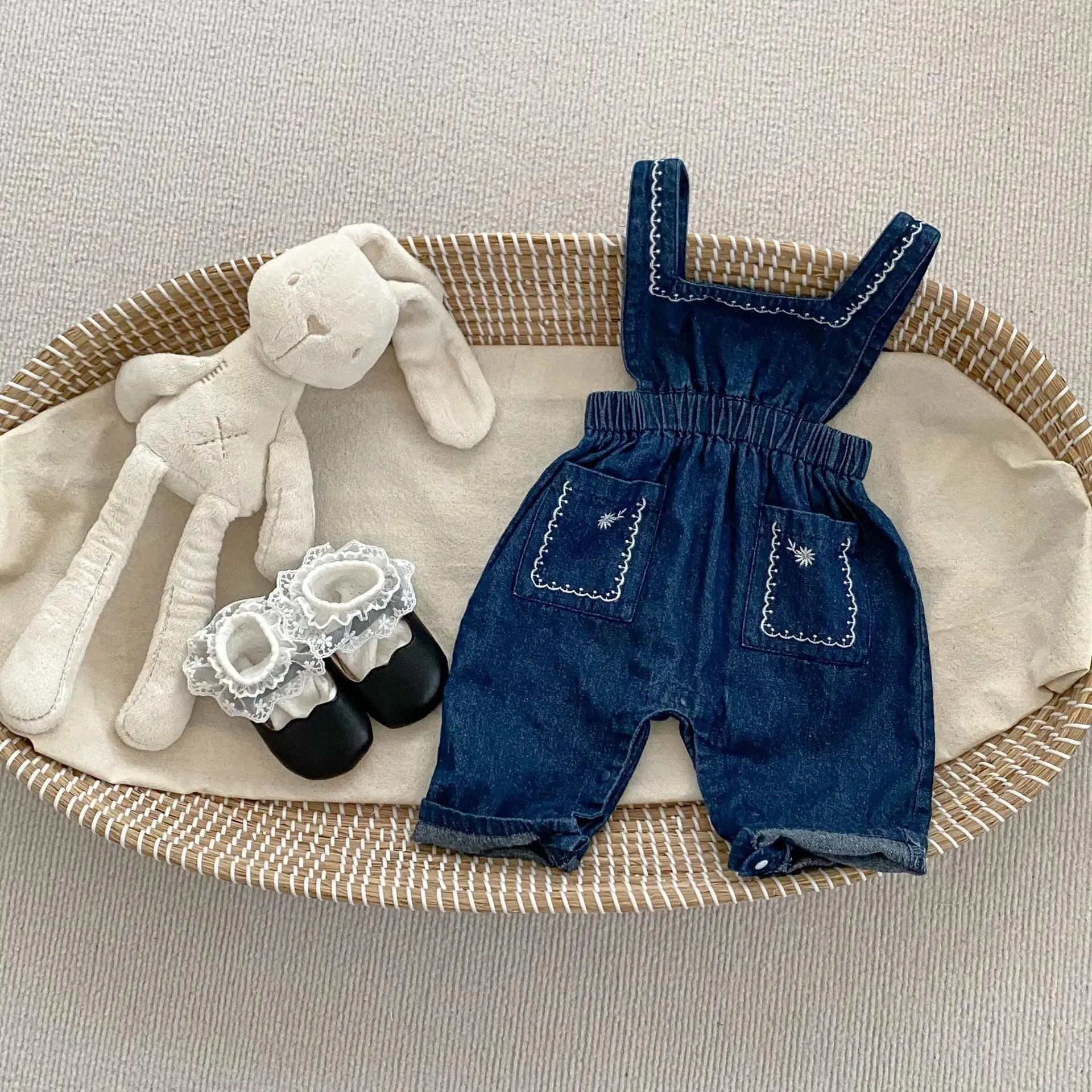 Blue Denim Romper & Overalls Set with White Blouse