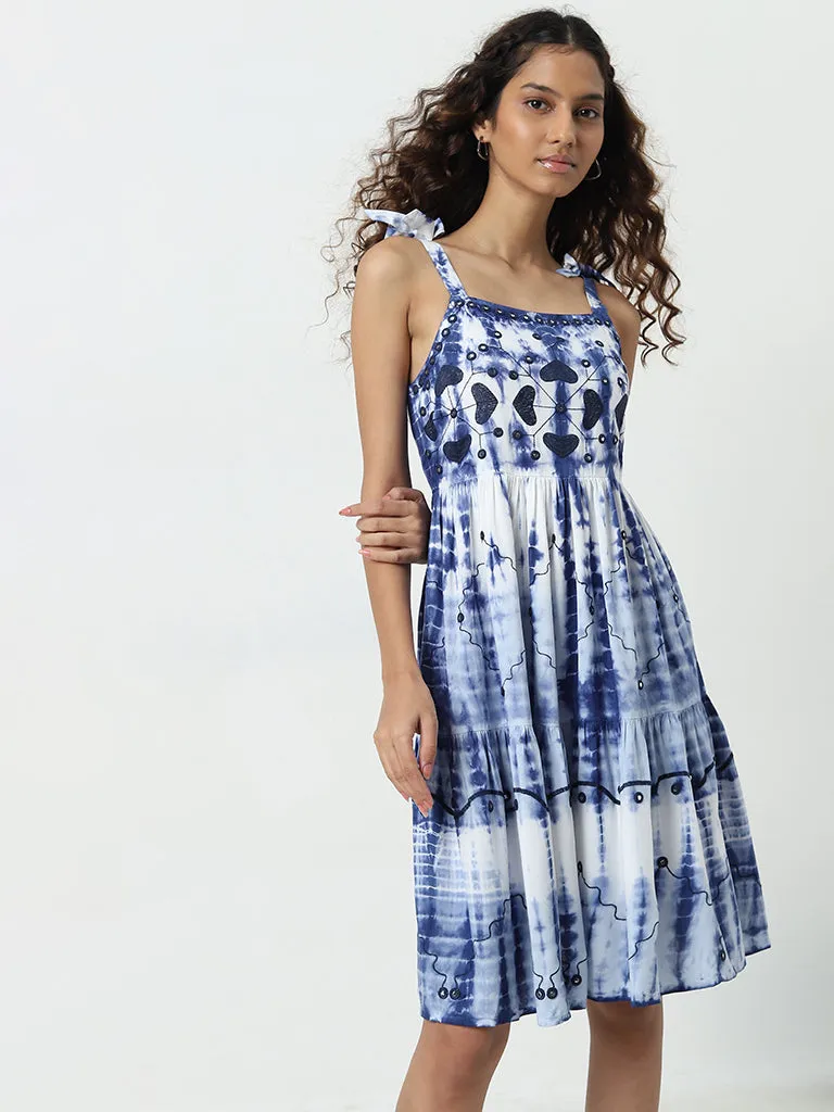 Bombay Paisley Blue Mirror Embellished A-Line Dress