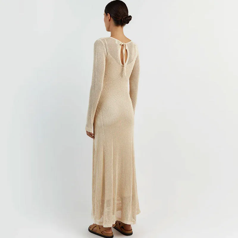 Chic Cutout Tie Back Round Neck Long Sleeve Crochet Knit Cover Up Maxi Dress