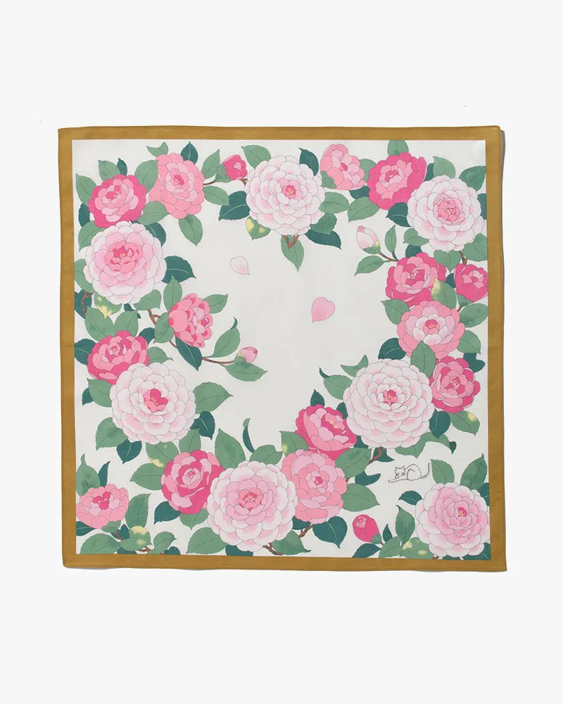 Japanese Handkerchief, Classic, Ivory Peony with Cat Embroidery