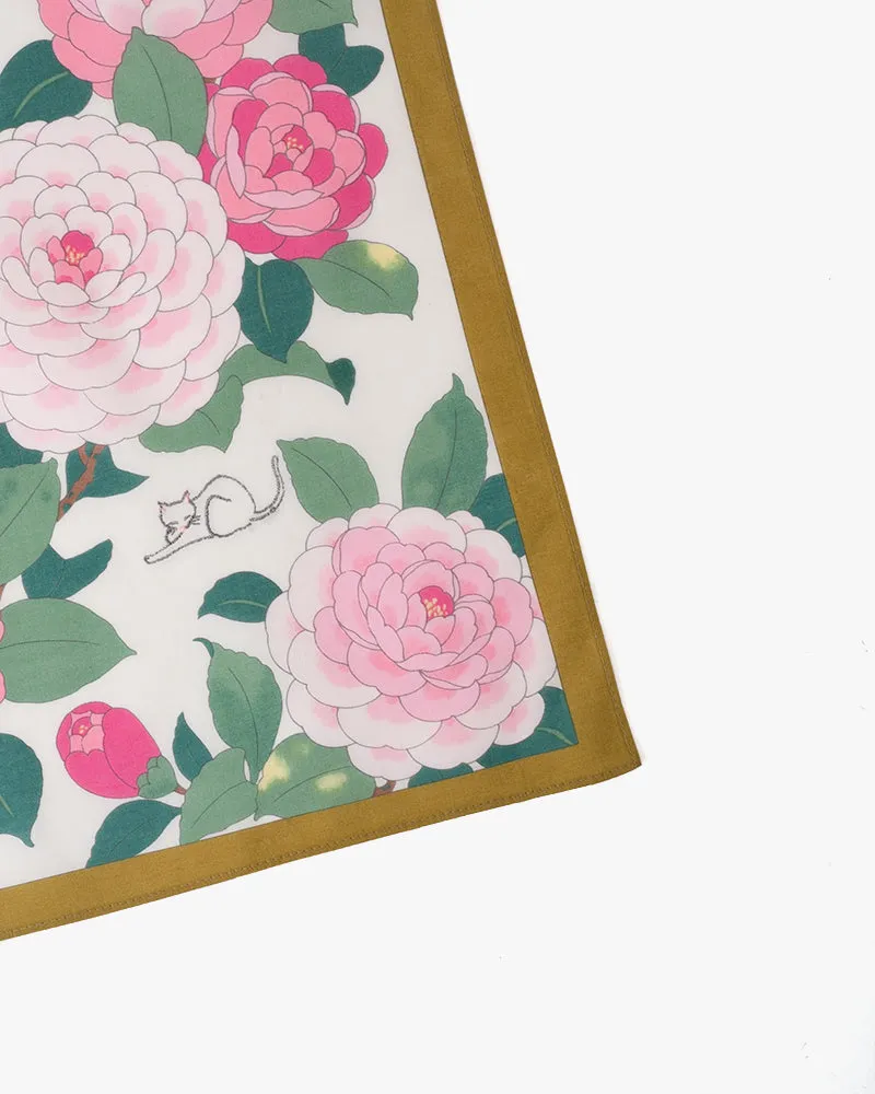 Japanese Handkerchief, Classic, Ivory Peony with Cat Embroidery