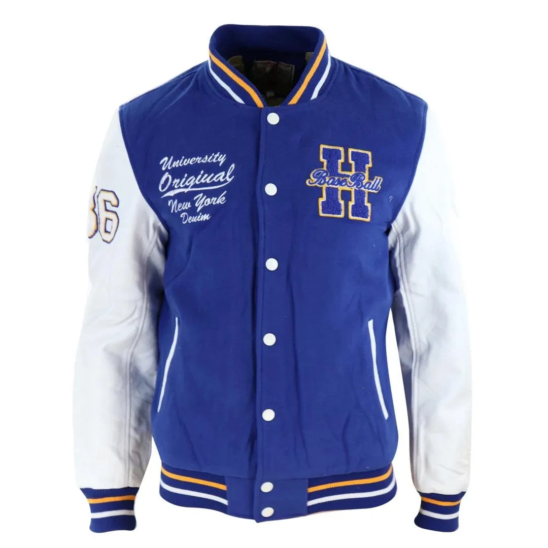 Mens Baseball Varsity Letterman College Fleece Jacket Badge PU Leather Sleeves