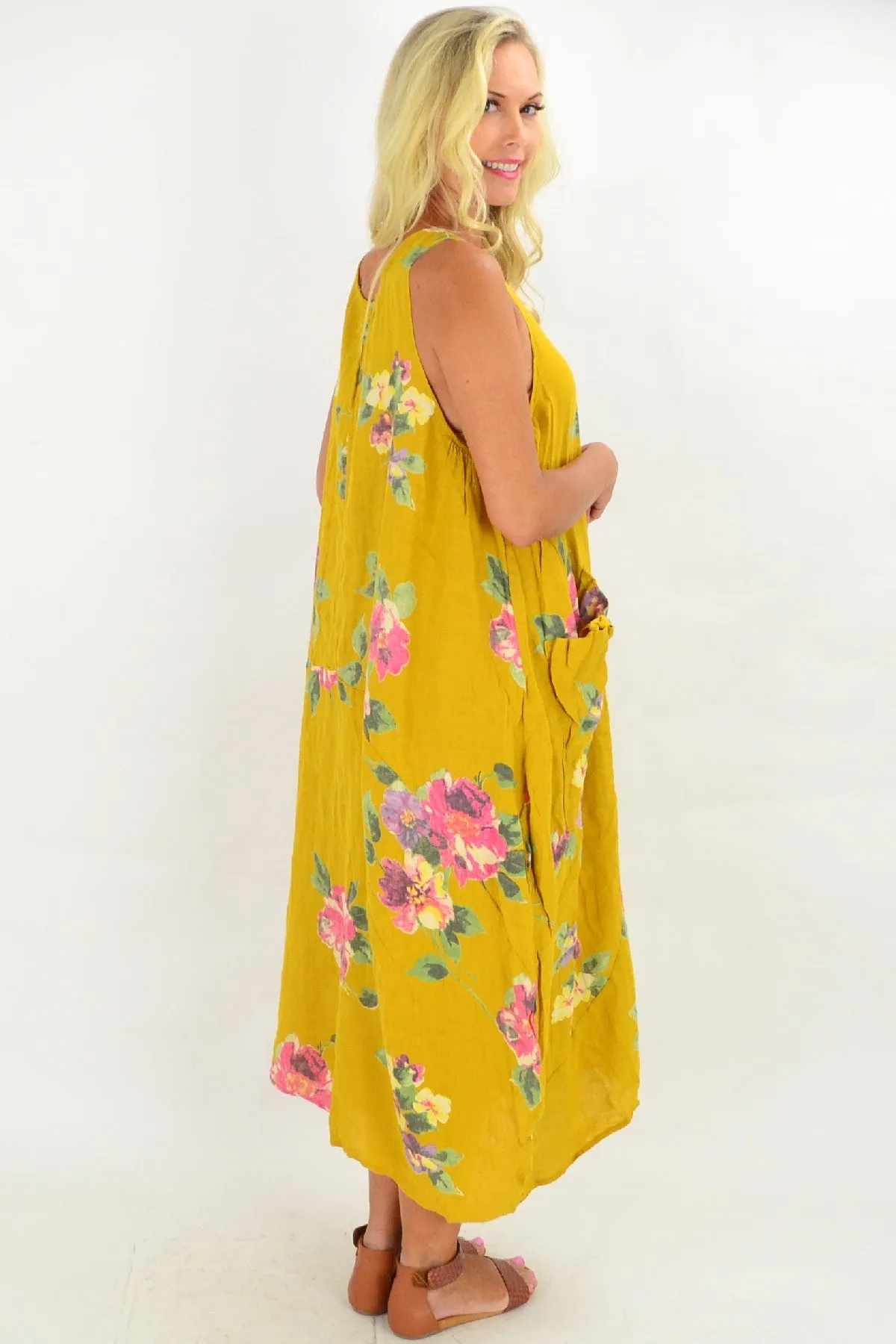 Mustard Hibiscus Linen Tunic Dress