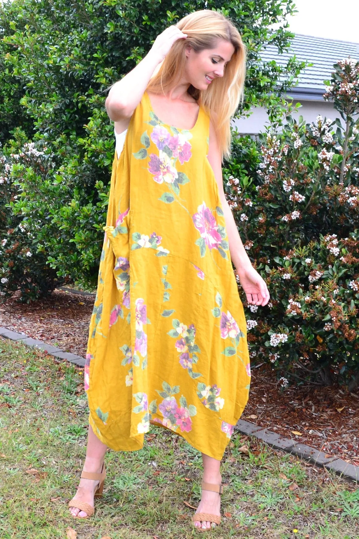 Mustard Hibiscus Linen Tunic Dress