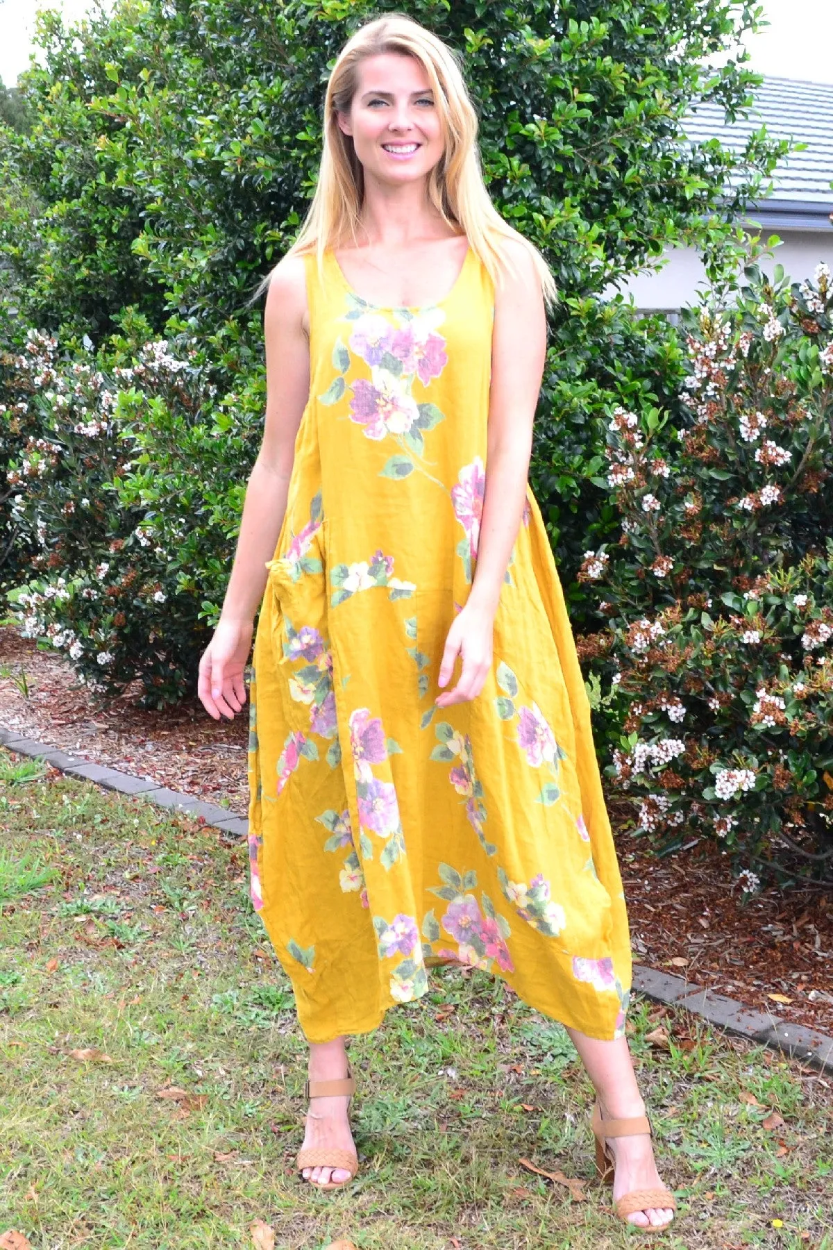 Mustard Hibiscus Linen Tunic Dress