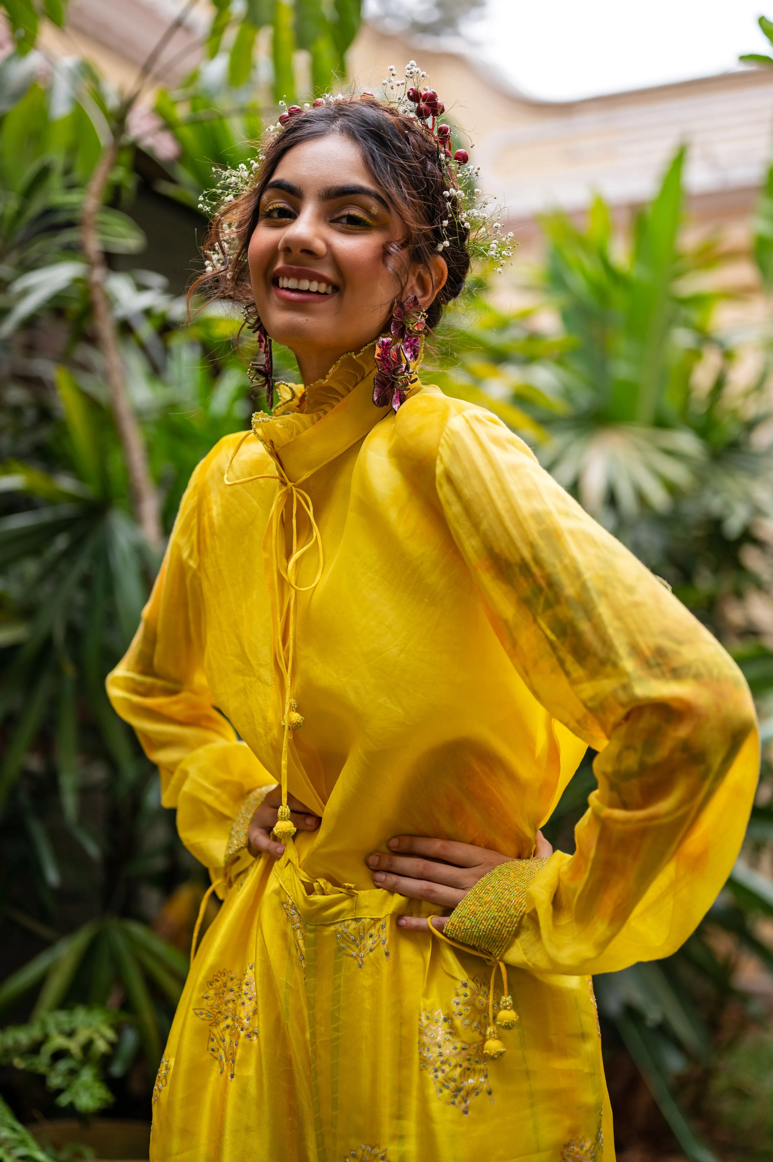 Organza ruffle collar shirt with cotton sleeves and hand embroidered beads on sleeve cuff