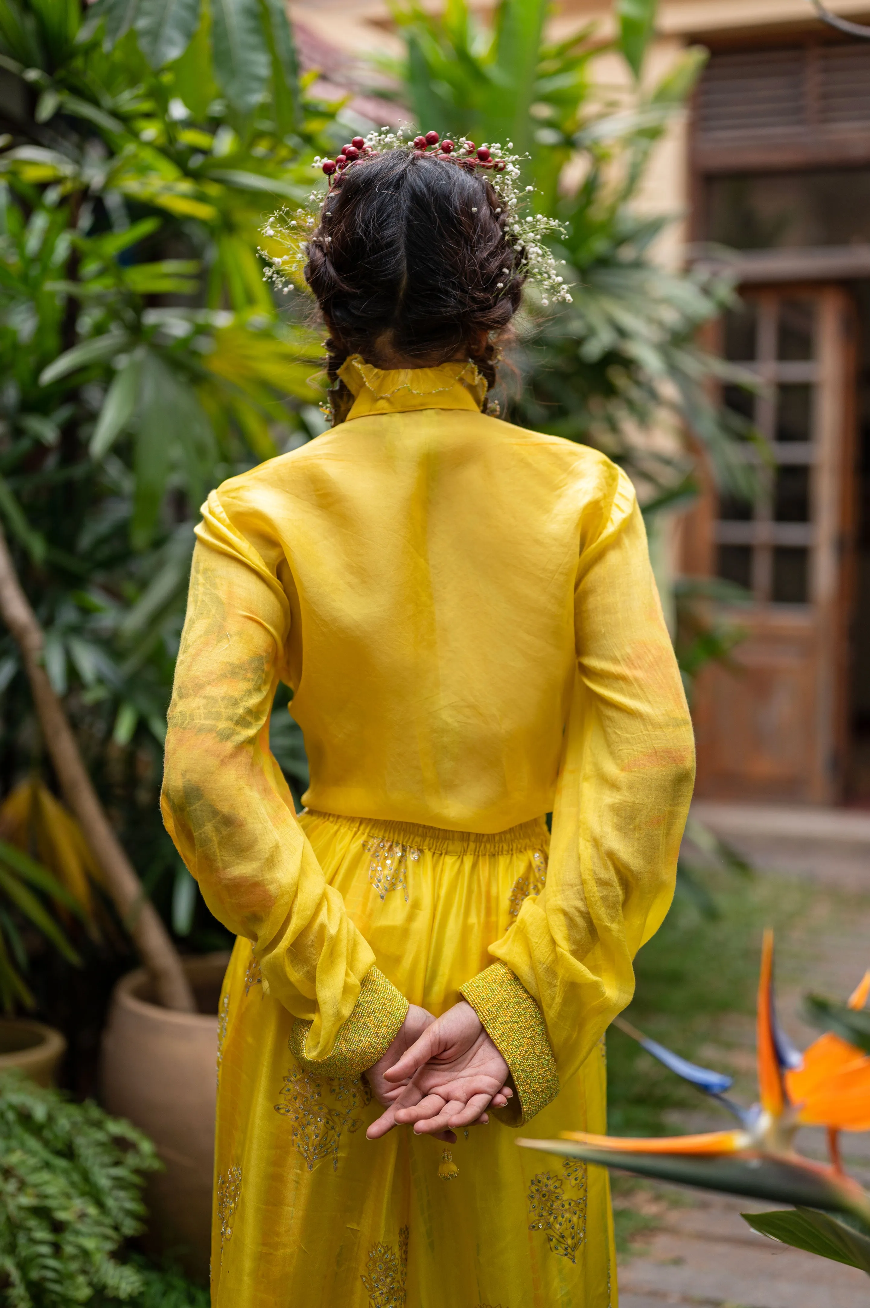 Organza ruffle collar shirt with cotton sleeves and hand embroidered beads on sleeve cuff