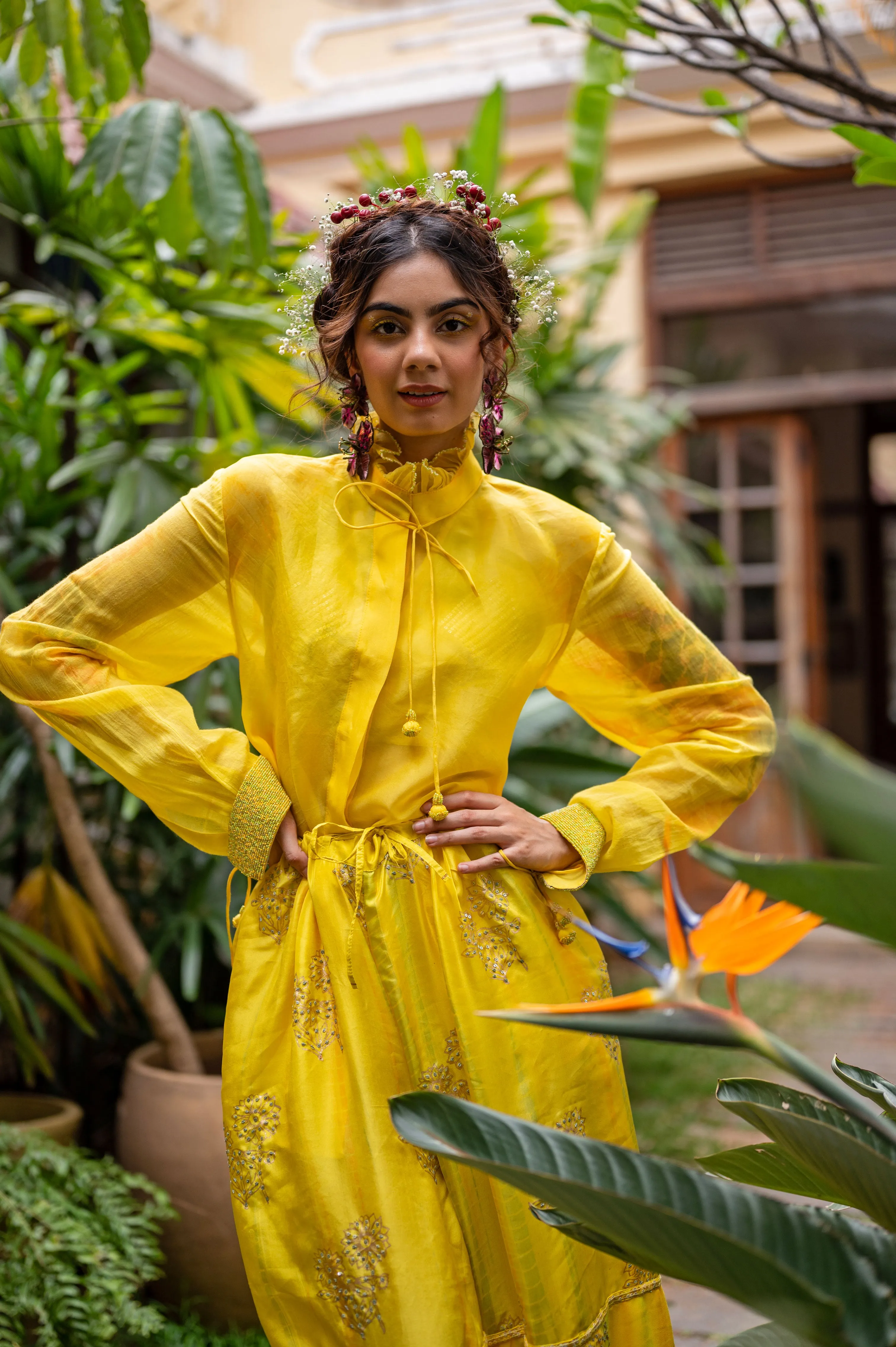 Organza ruffle collar shirt with cotton sleeves and hand embroidered beads on sleeve cuff