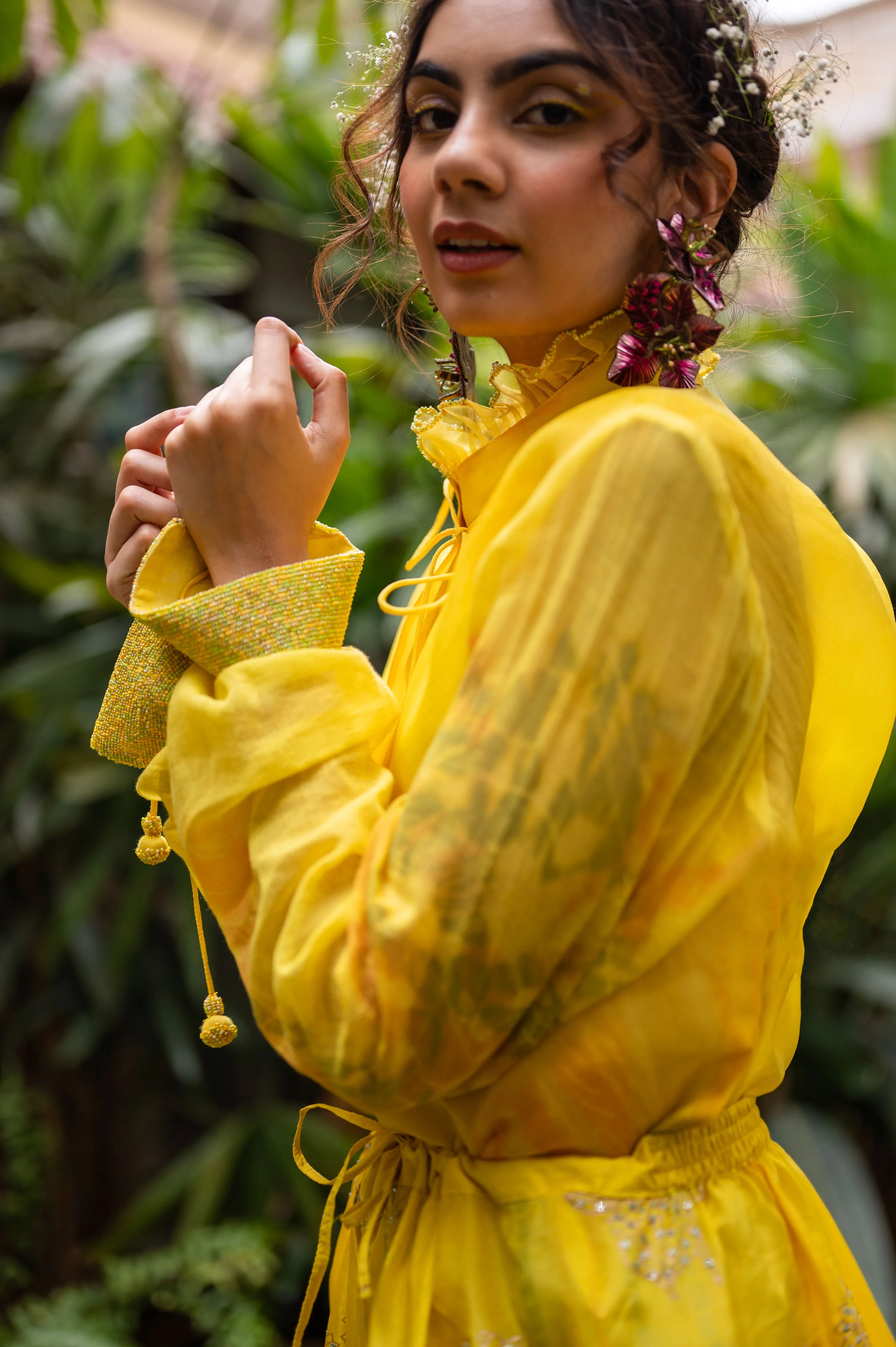 Organza ruffle collar shirt with cotton sleeves and hand embroidered beads on sleeve cuff