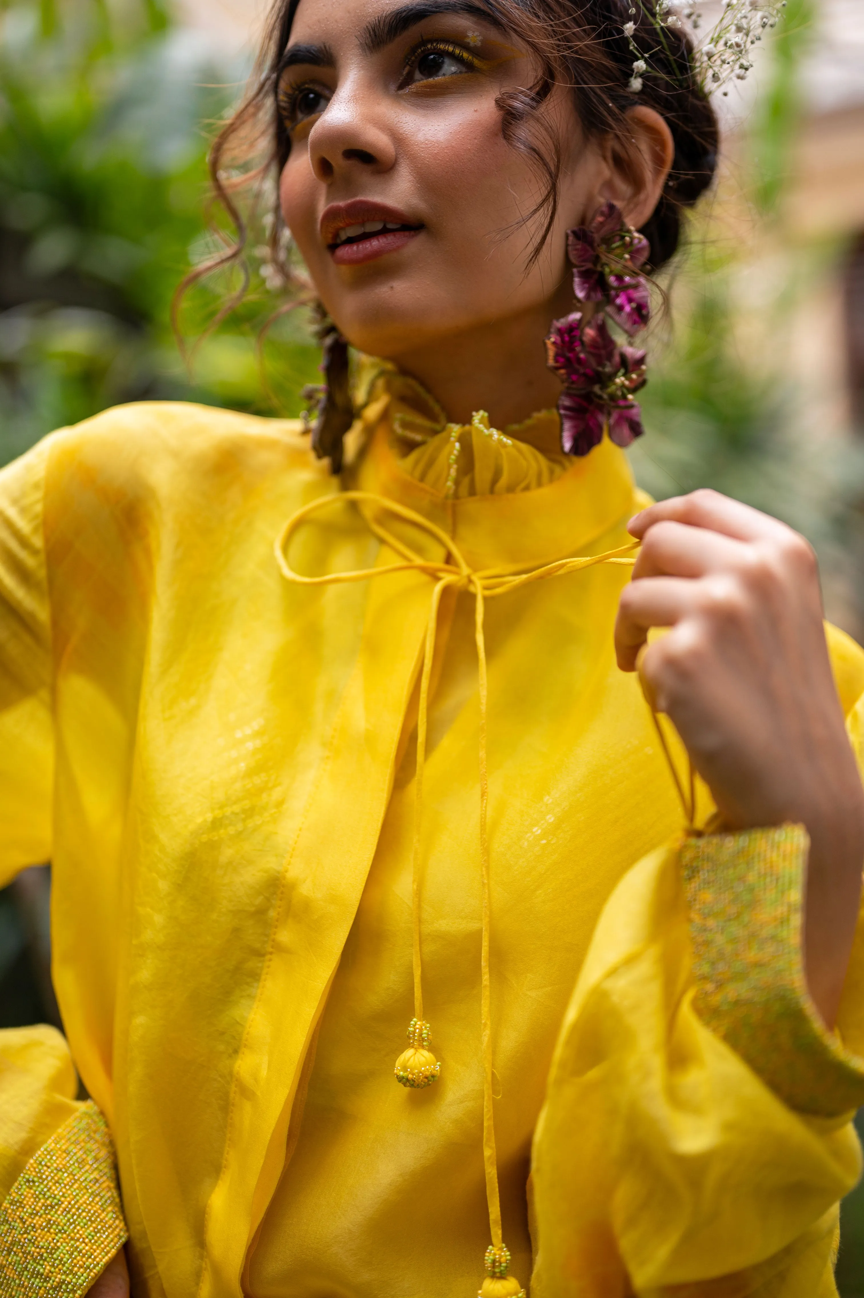 Organza ruffle collar shirt with cotton sleeves and hand embroidered beads on sleeve cuff