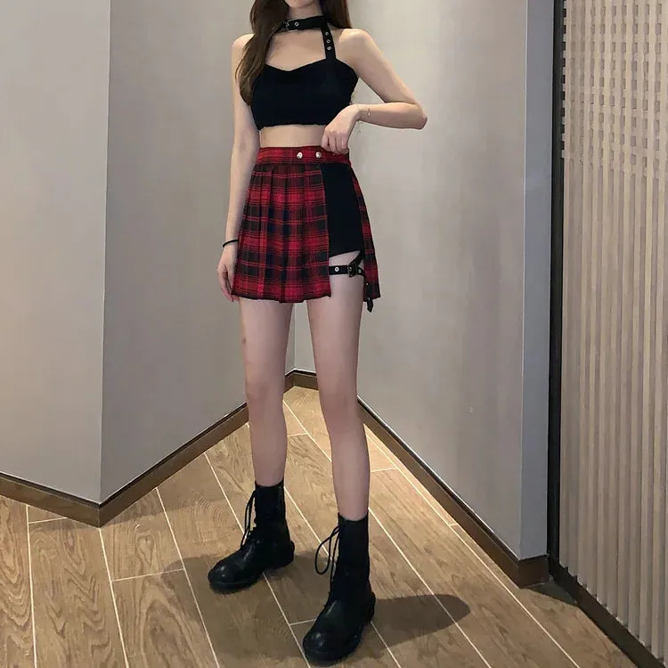 Pleated Girls Gothic Half Skirts Summer Harajuku Punk Style Plaid Irregular Skirts Women Asymmetrical High Waist Black Skirts