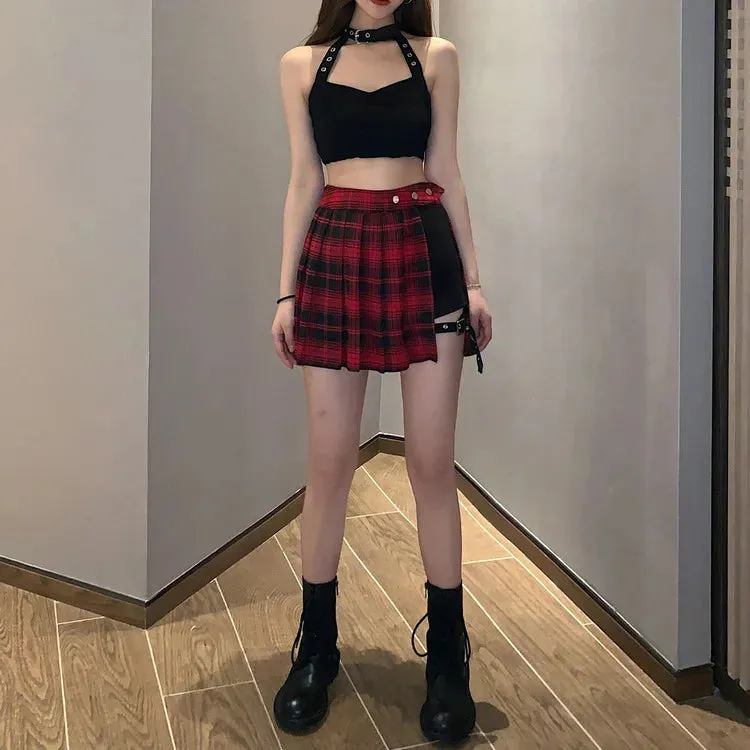 Pleated Girls Gothic Half Skirts Summer Harajuku Punk Style Plaid Irregular Skirts Women Asymmetrical High Waist Black Skirts