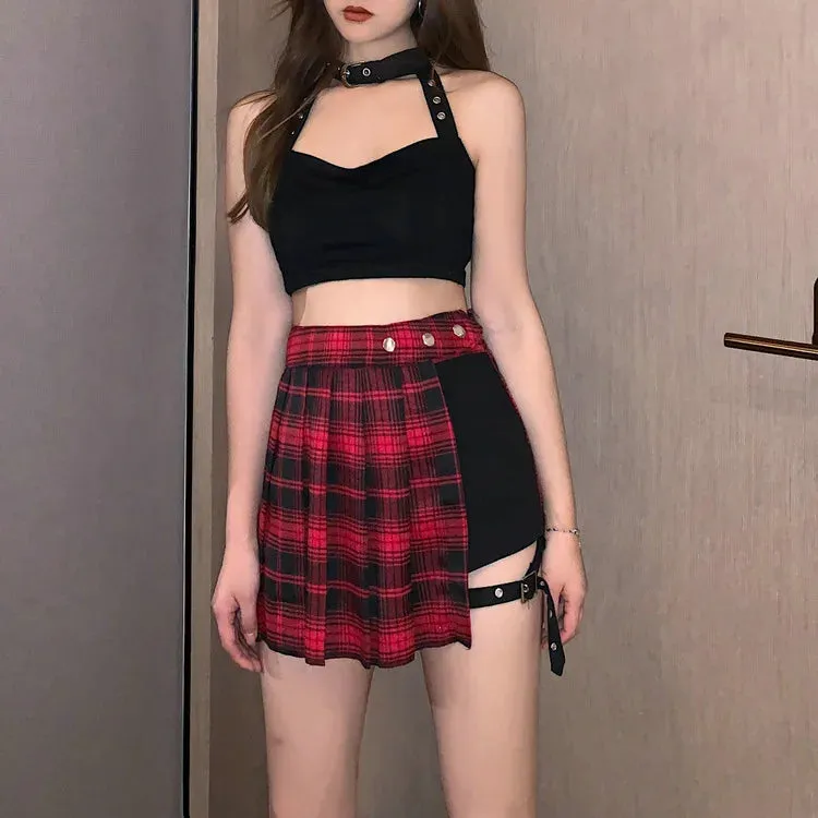 Pleated Girls Gothic Half Skirts Summer Harajuku Punk Style Plaid Irregular Skirts Women Asymmetrical High Waist Black Skirts