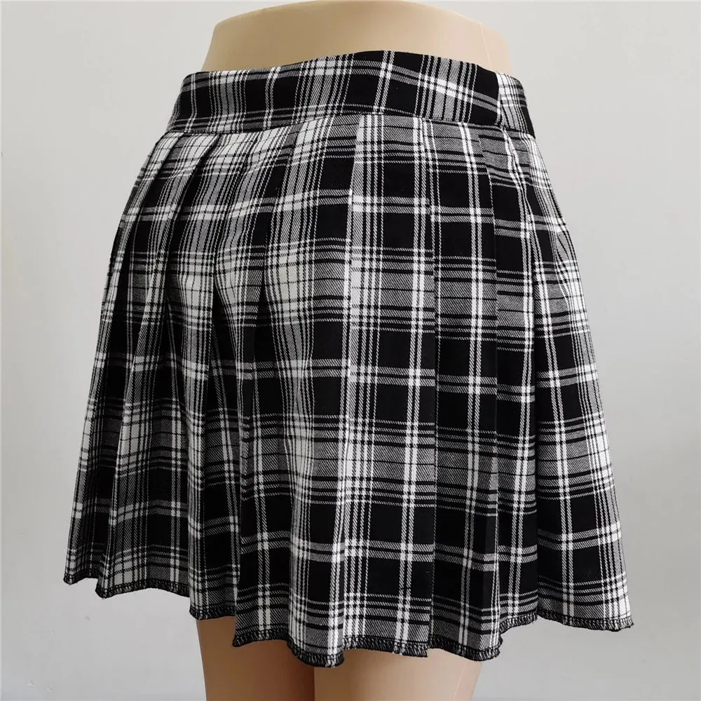 Pleated Girls Gothic Half Skirts Summer Harajuku Punk Style Plaid Irregular Skirts Women Asymmetrical High Waist Black Skirts