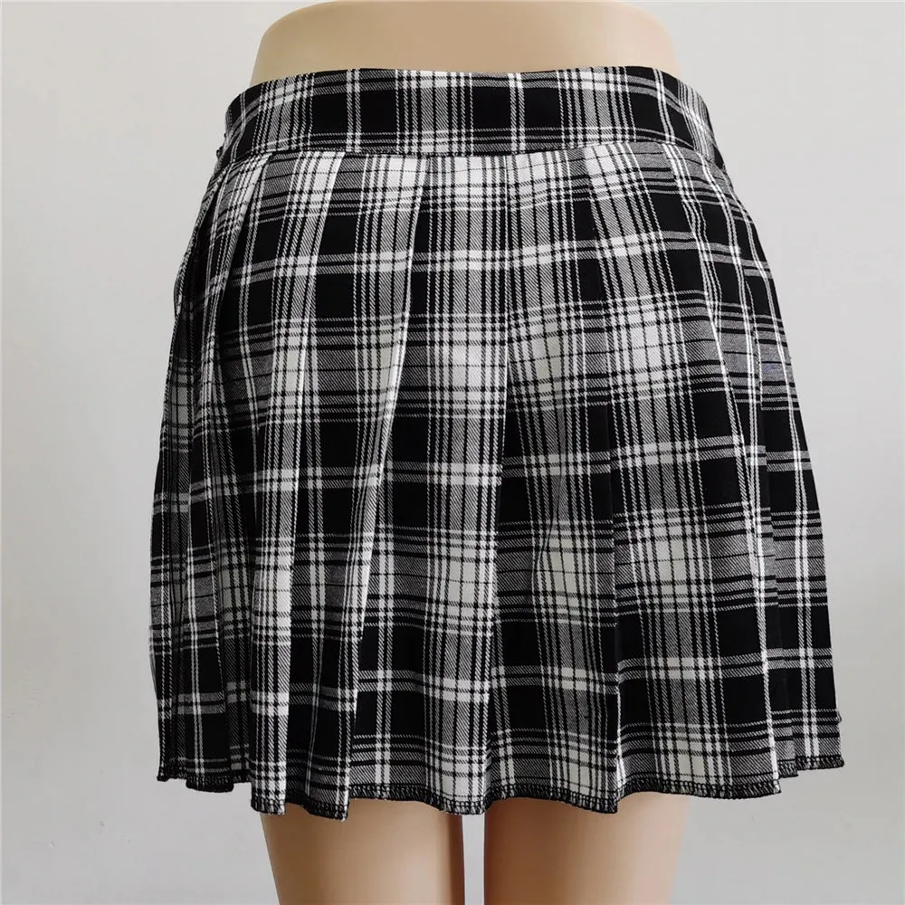 Pleated Girls Gothic Half Skirts Summer Harajuku Punk Style Plaid Irregular Skirts Women Asymmetrical High Waist Black Skirts