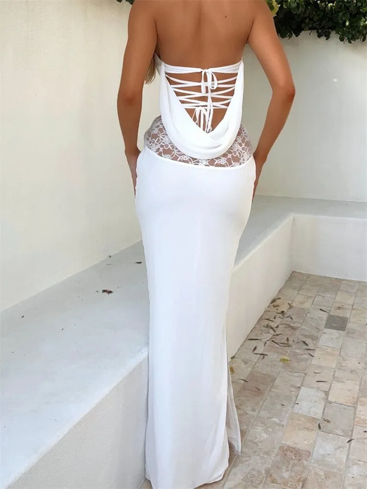 Sexy Women Long Tube Dress Lace Strapless Off Shoulder Backless Lace-Up Dress Summer Side Split Party Female Vestidos