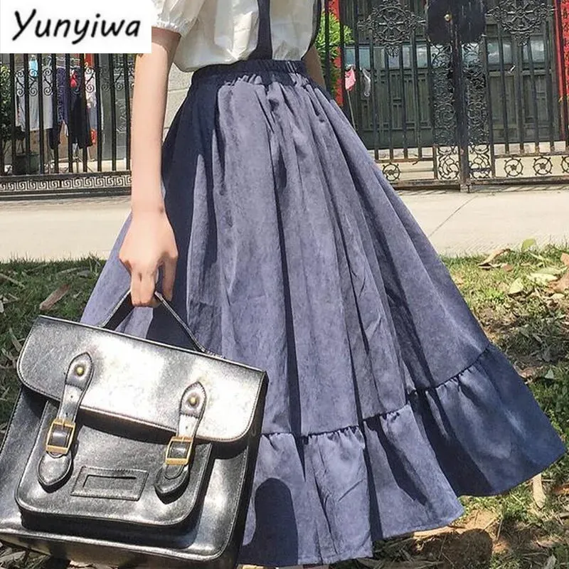 Solid Dresses Women Ruffles Sleeveless Japanese Style Chic Trendy College Sweet Harajuku Elastic Waist Vestido Feminino Kawaii