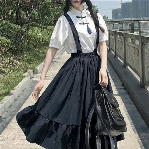 Solid Dresses Women Ruffles Sleeveless Japanese Style Chic Trendy College Sweet Harajuku Elastic Waist Vestido Feminino Kawaii