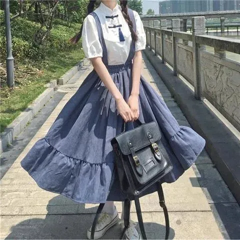 Solid Dresses Women Ruffles Sleeveless Japanese Style Chic Trendy College Sweet Harajuku Elastic Waist Vestido Feminino Kawaii