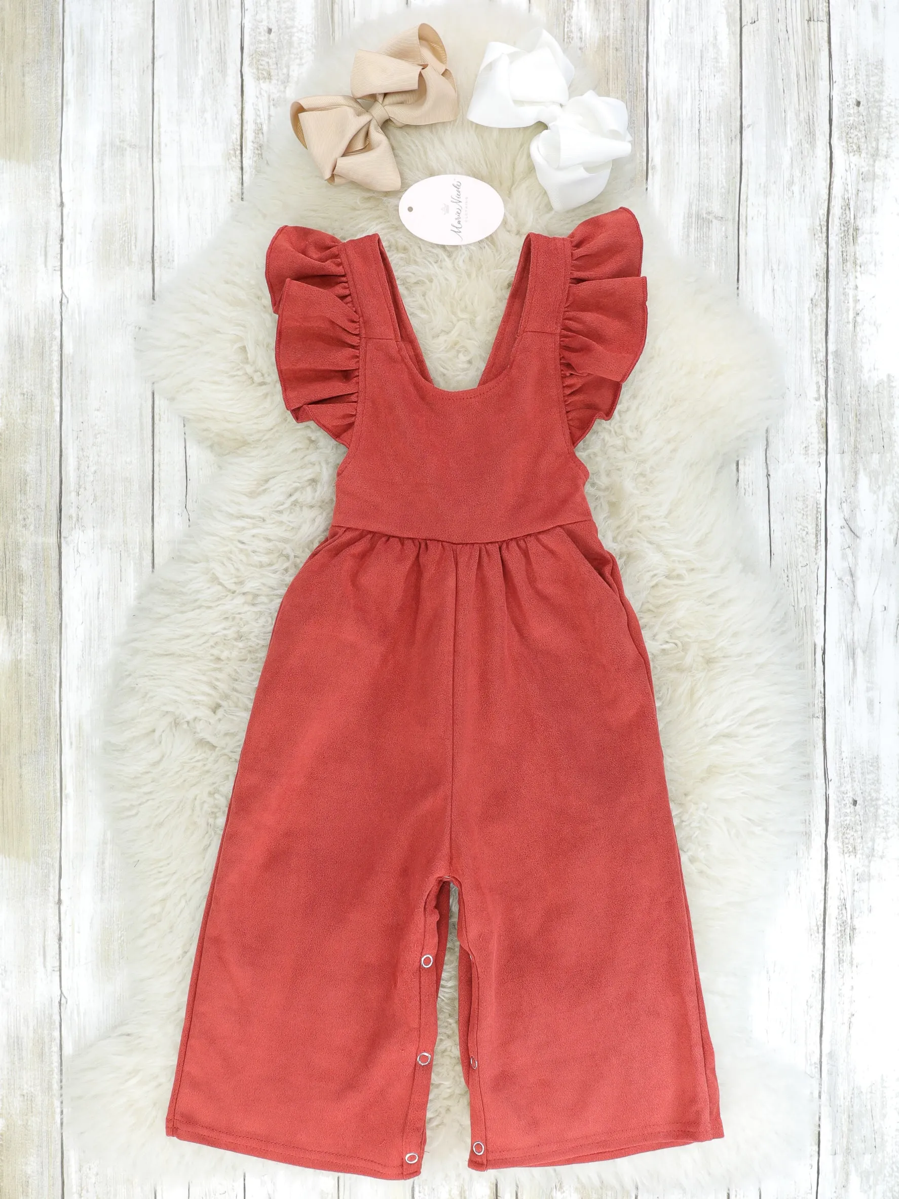 Suede Ruffle Cross Back Button Romper - Multiple Colors