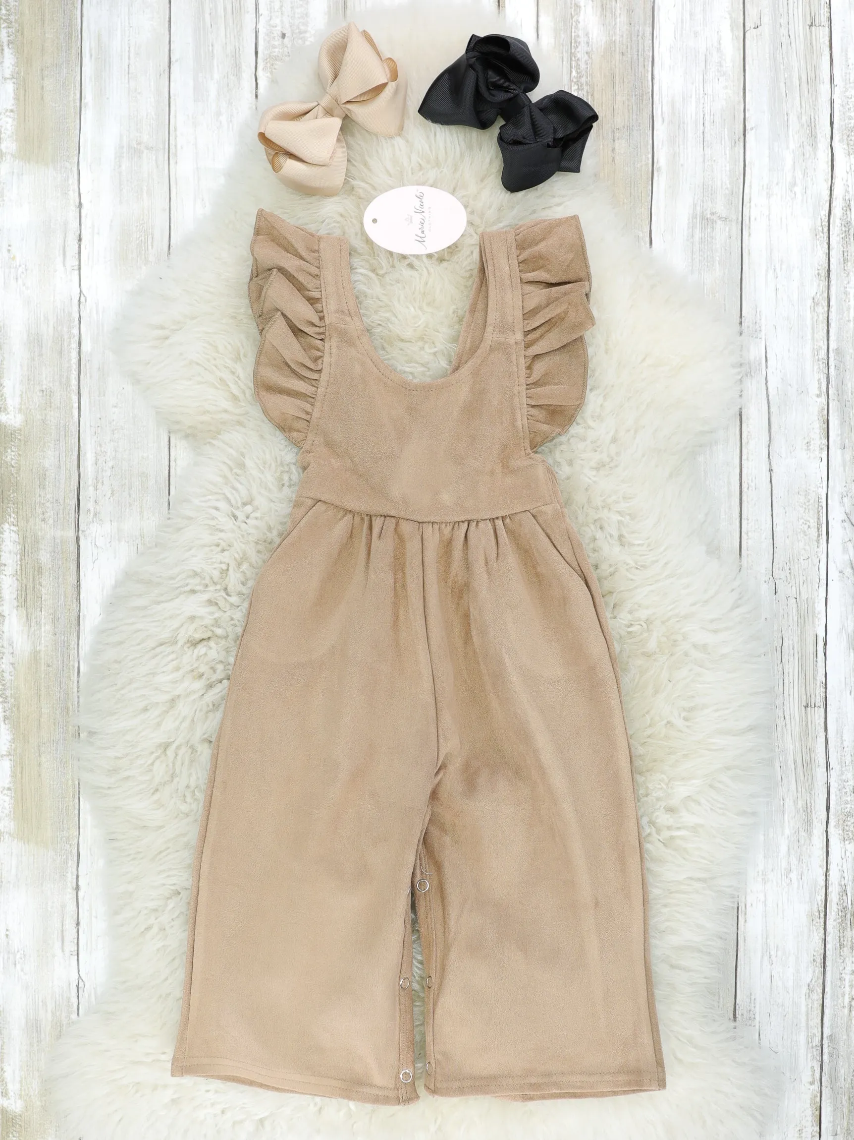 Suede Ruffle Cross Back Button Romper - Multiple Colors