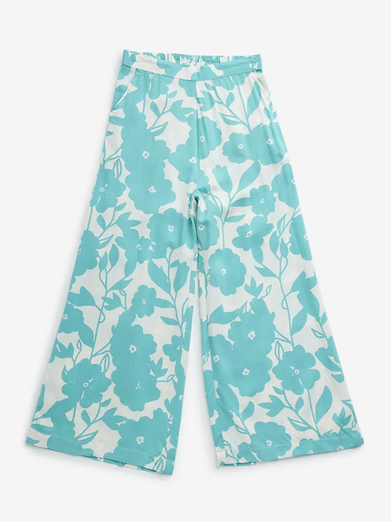 Utsa Kids Aqua Floral Print High-Rise Cotton Palazzos - (8 -14yrs)