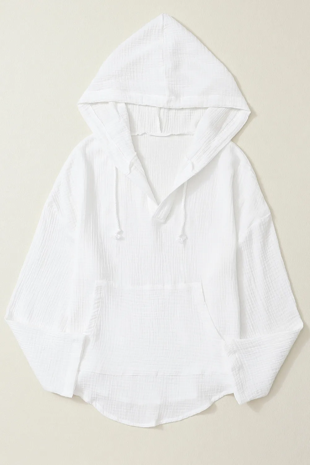 White Lightweight Crinkle Pocketed Hooded Blouse