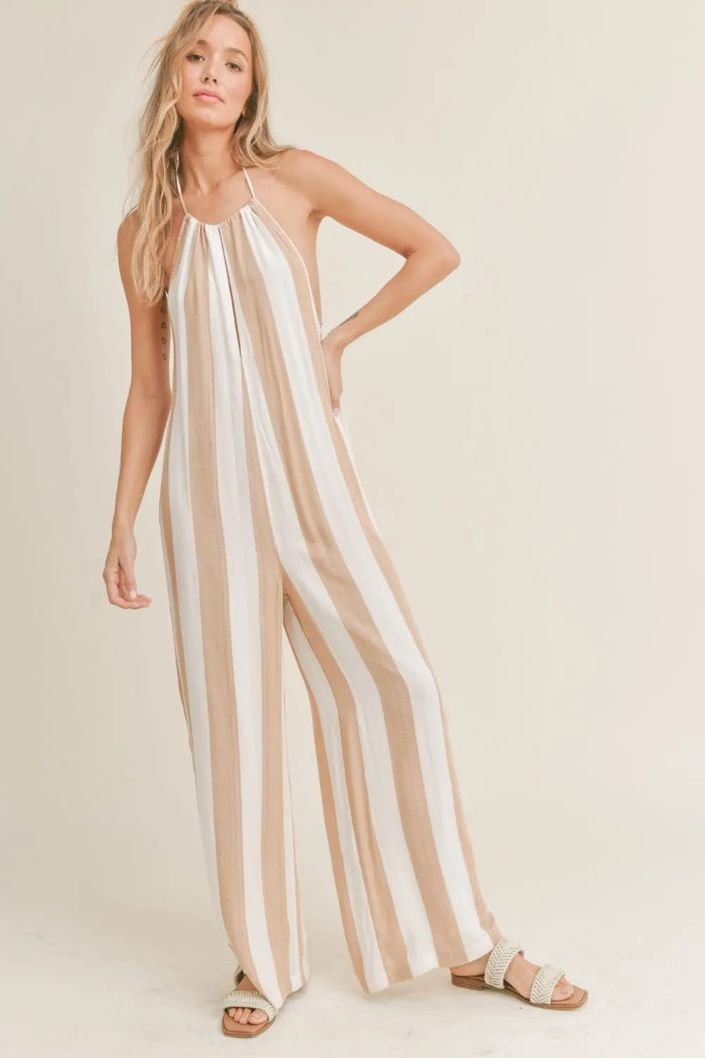 Women's Neutral Striped Halter Jumpsuit | Sadie & Sage | Ivory Taupe