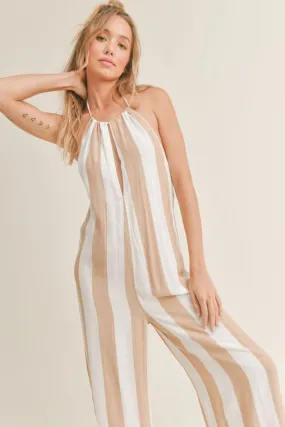 Women's Neutral Striped Halter Jumpsuit | Sadie & Sage | Ivory Taupe